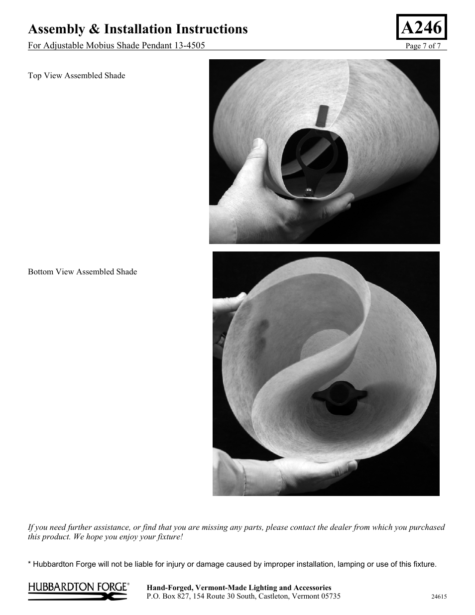 A246, Assembly & installation instructions | Hubbardton Forge 134505 User Manual | Page 7 / 7