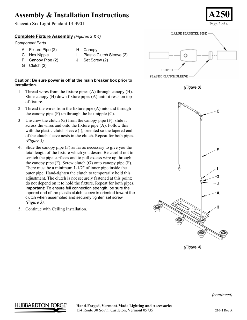 A250, Assembly & installation instructions | Hubbardton Forge 134901 User Manual | Page 2 / 4