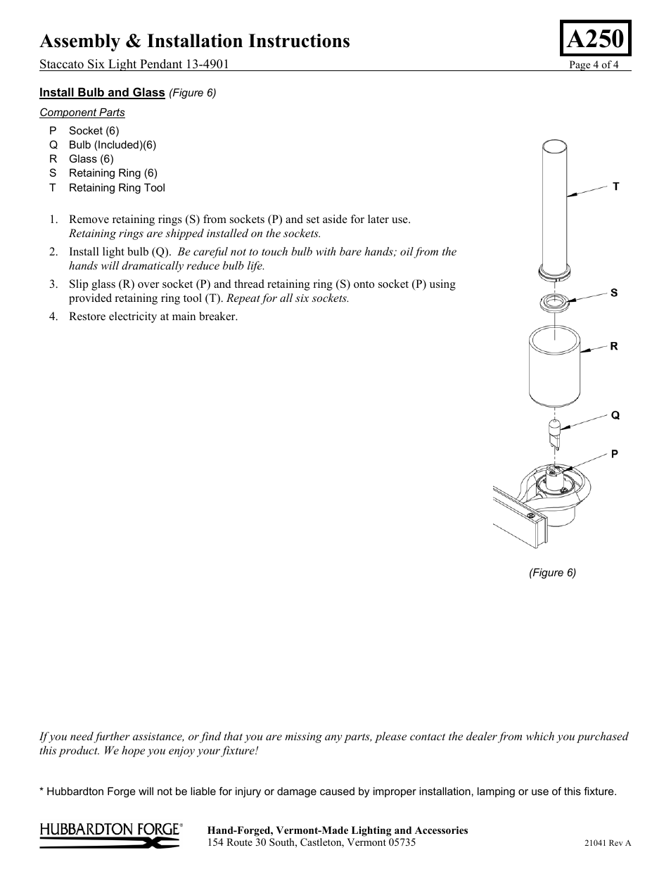 A250, Assembly & installation instructions | Hubbardton Forge 134901 User Manual | Page 4 / 4