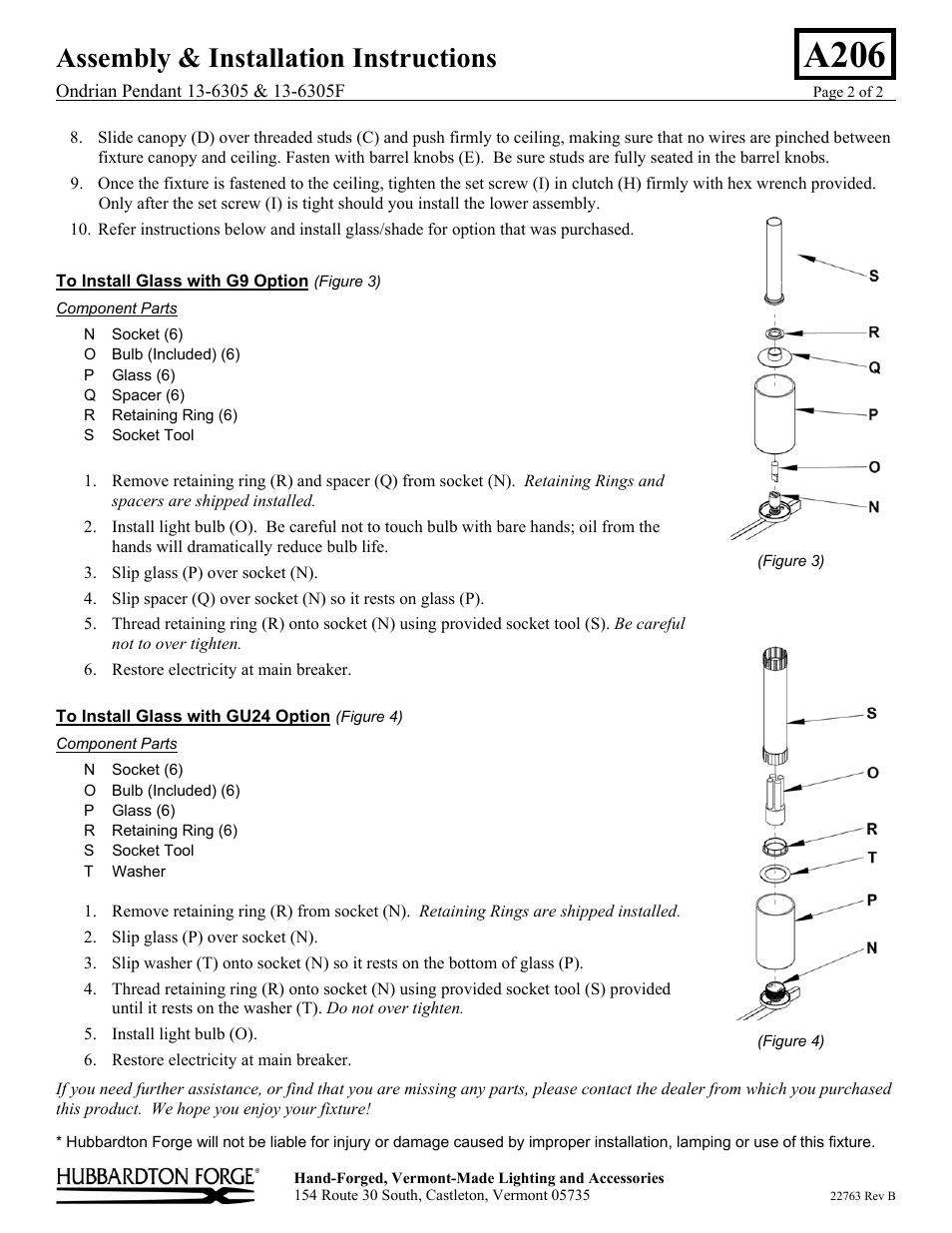 A206, Assembly & installation instructions | Hubbardton Forge 136305 User Manual | Page 2 / 2