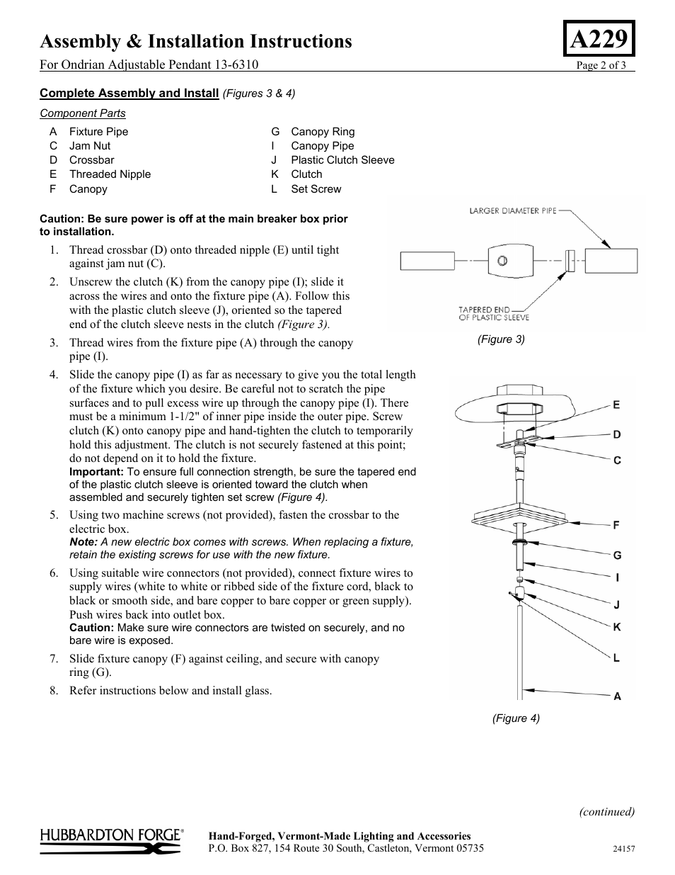 A229, Assembly & installation instructions | Hubbardton Forge 136310 User Manual | Page 2 / 3
