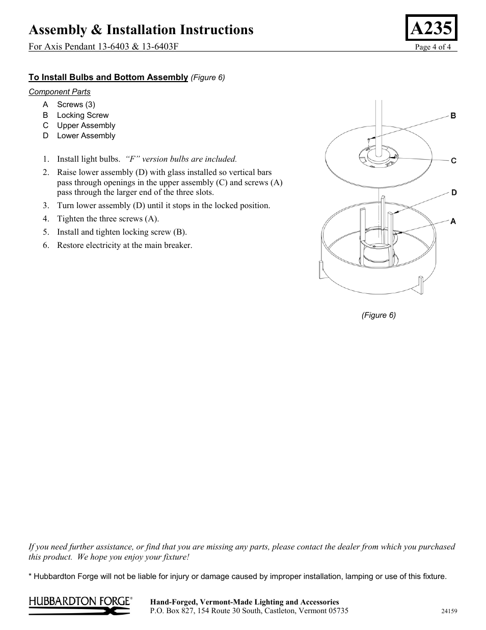 A235, Assembly & installation instructions | Hubbardton Forge 136403 User Manual | Page 4 / 4