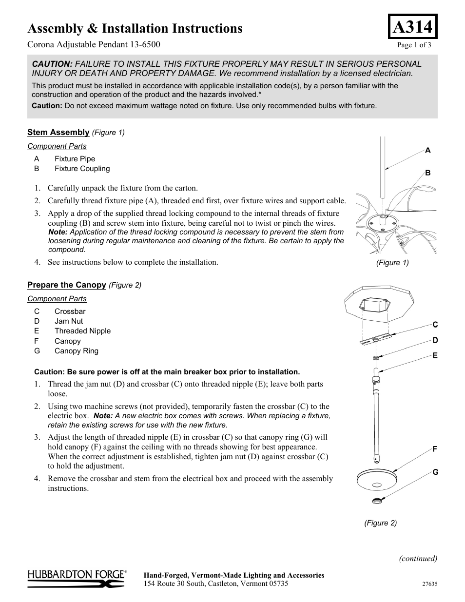 Hubbardton Forge 136500 User Manual | 3 pages