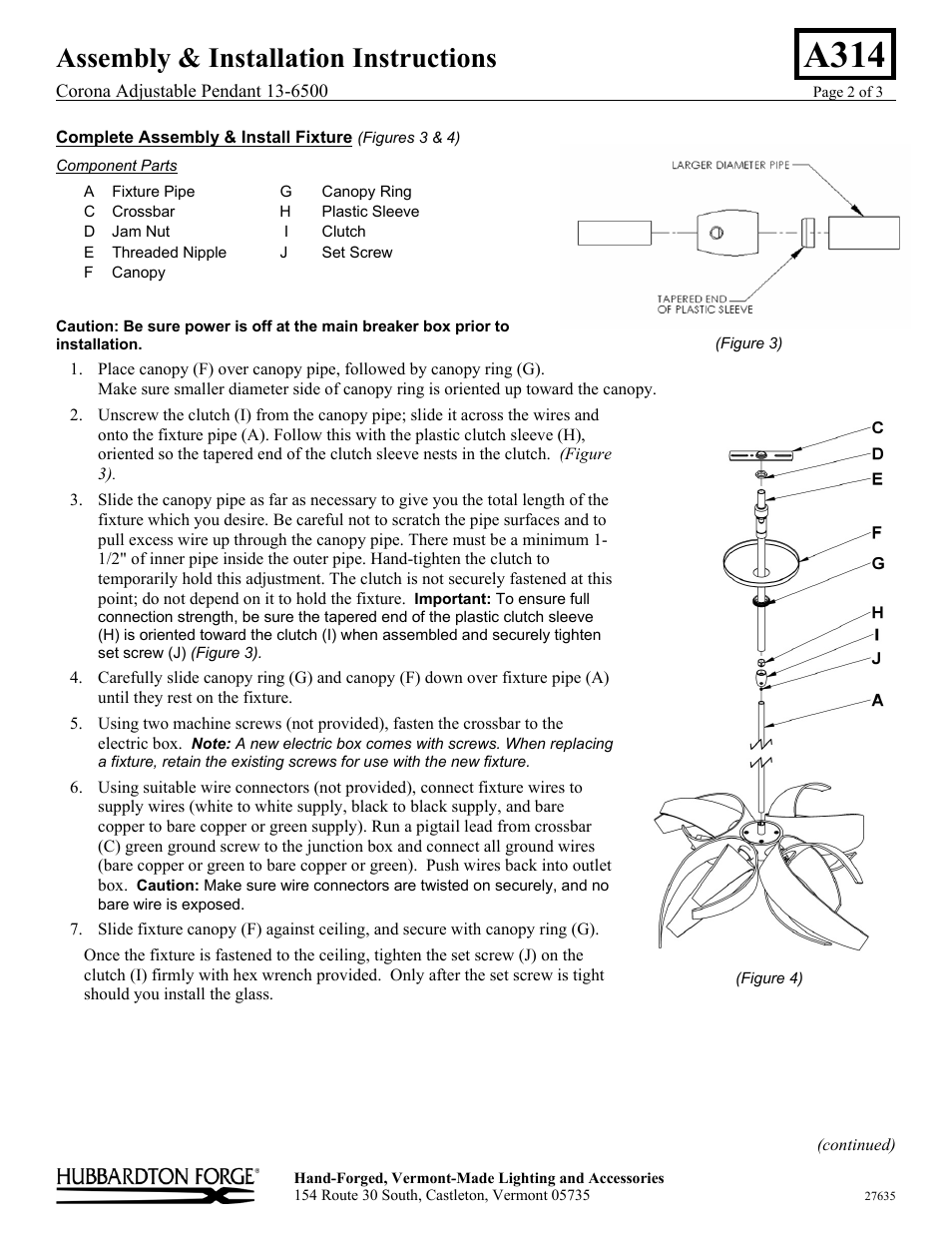 A314, Assembly & installation instructions | Hubbardton Forge 136500 User Manual | Page 2 / 3