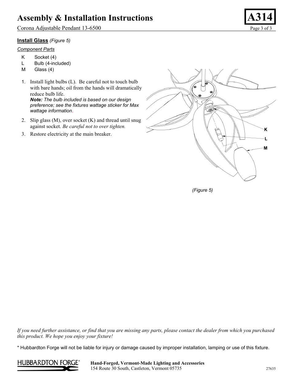 A314, Assembly & installation instructions | Hubbardton Forge 136500 User Manual | Page 3 / 3