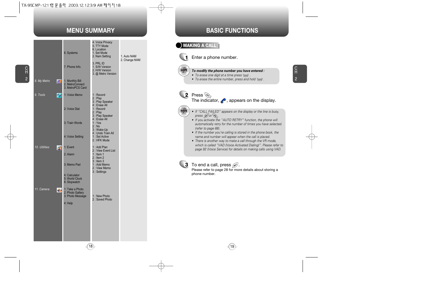 Menu summary, Basic functions | Audiovox CDM-8900 User Manual | Page 11 / 137