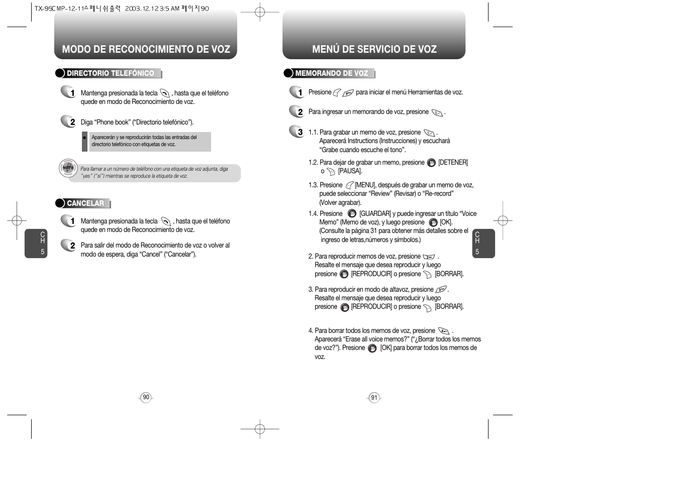 Menú de servicio de voz, Modo de reconocimiento de voz | Audiovox CDM-8900 User Manual | Page 115 / 137