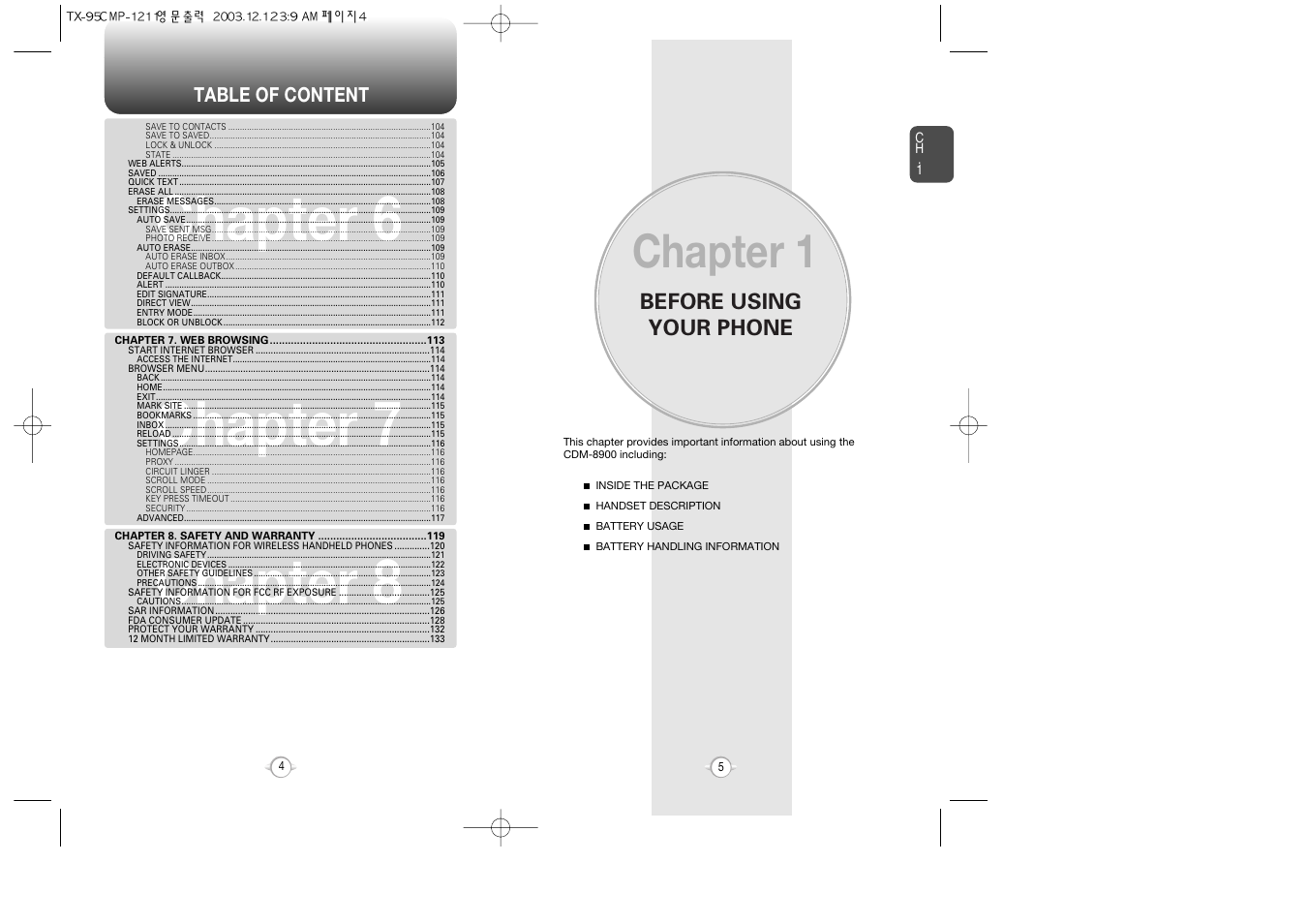 Chapter 6 chapter 7 chapter 8, Chapter 1, Before using your phone | Audiovox CDM-8900 User Manual | Page 4 / 137