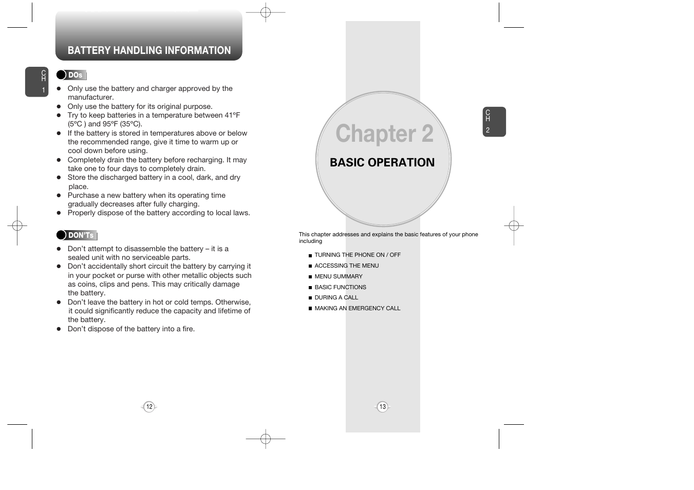 Chapter 2, Basic operation, Battery handling information | Audiovox CDM-8900 User Manual | Page 8 / 137