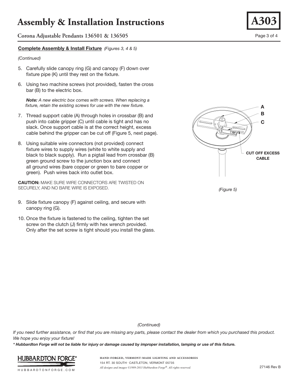 A303, Assembly & installation instructions | Hubbardton Forge 136505 User Manual | Page 3 / 4