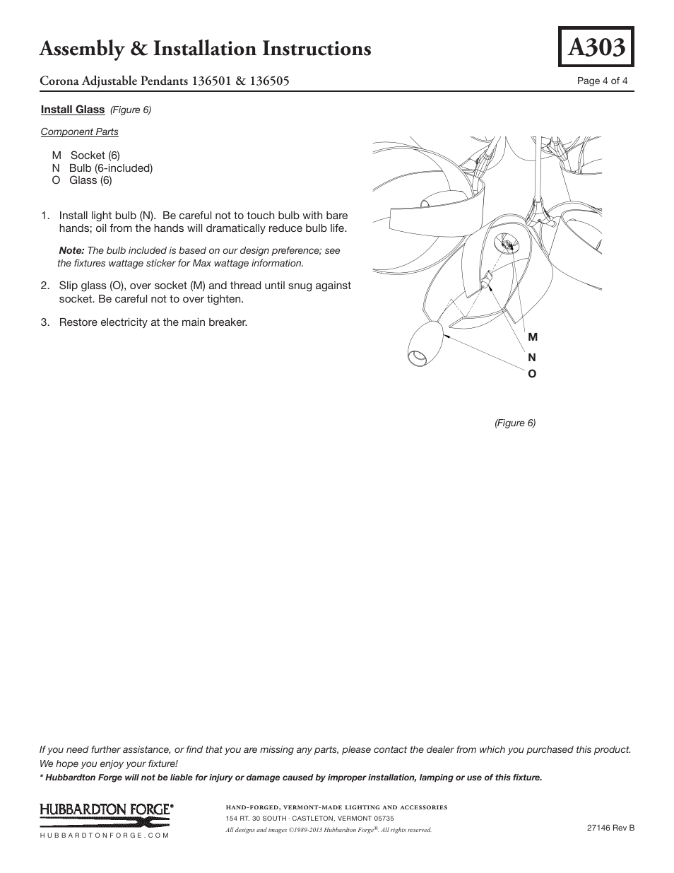 A303, Assembly & installation instructions | Hubbardton Forge 136505 User Manual | Page 4 / 4