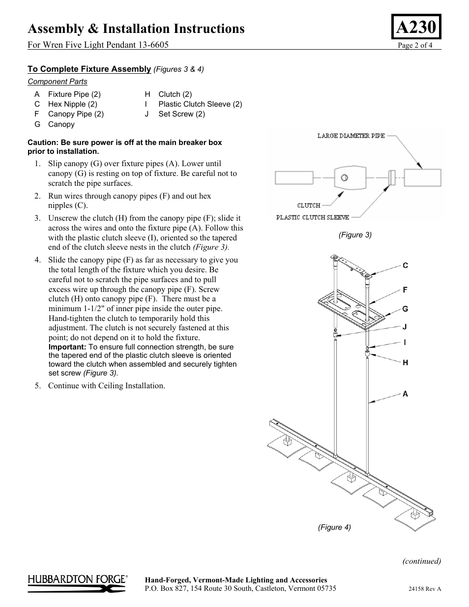 A230, Assembly & installation instructions | Hubbardton Forge 136605 User Manual | Page 2 / 4