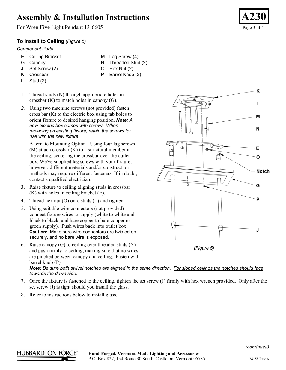 A230, Assembly & installation instructions | Hubbardton Forge 136605 User Manual | Page 3 / 4