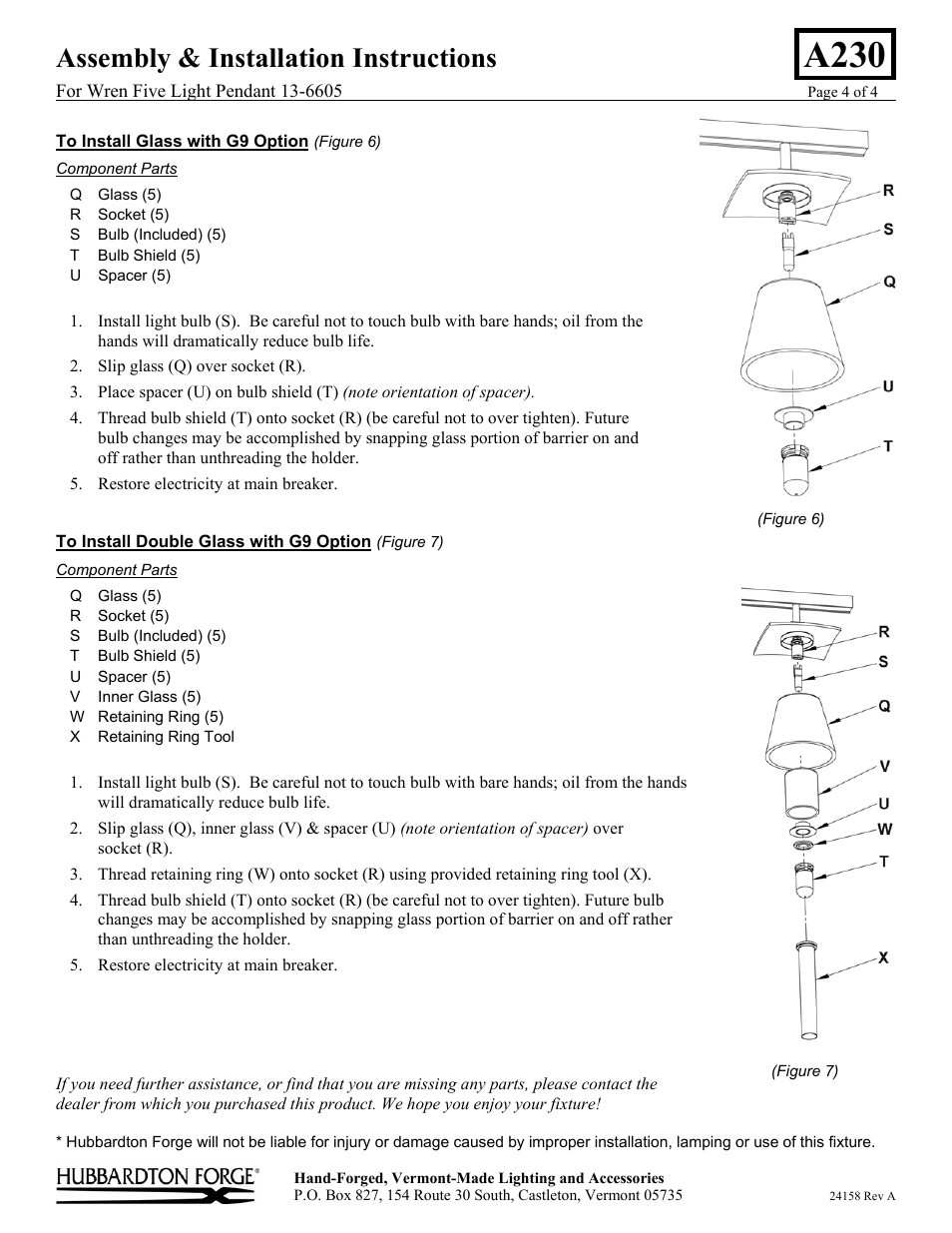 A230, Assembly & installation instructions | Hubbardton Forge 136605 User Manual | Page 4 / 4