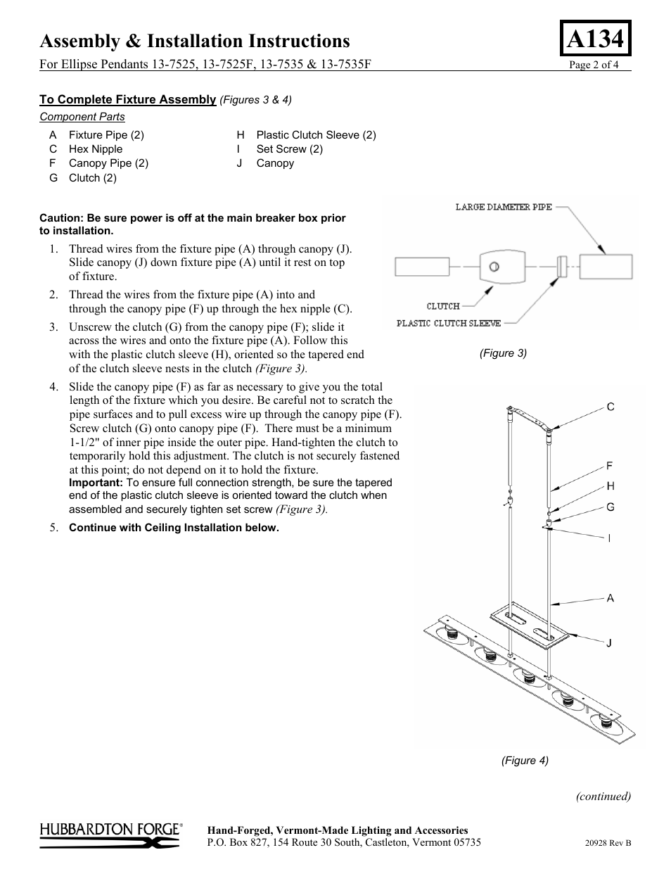 A134, Assembly & installation instructions | Hubbardton Forge 137525 User Manual | Page 2 / 4
