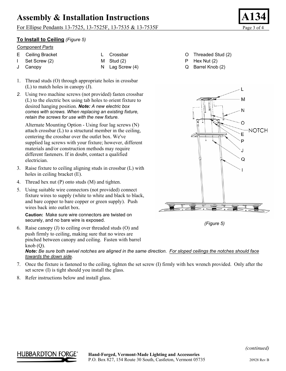 A134, Assembly & installation instructions | Hubbardton Forge 137525 User Manual | Page 3 / 4