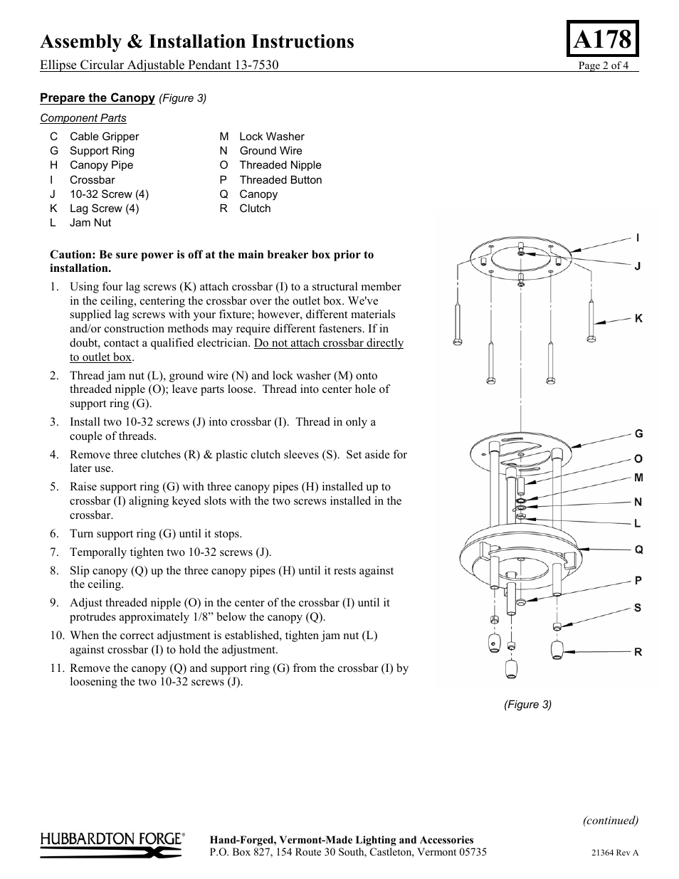 A178, Assembly & installation instructions | Hubbardton Forge 137530 User Manual | Page 2 / 4