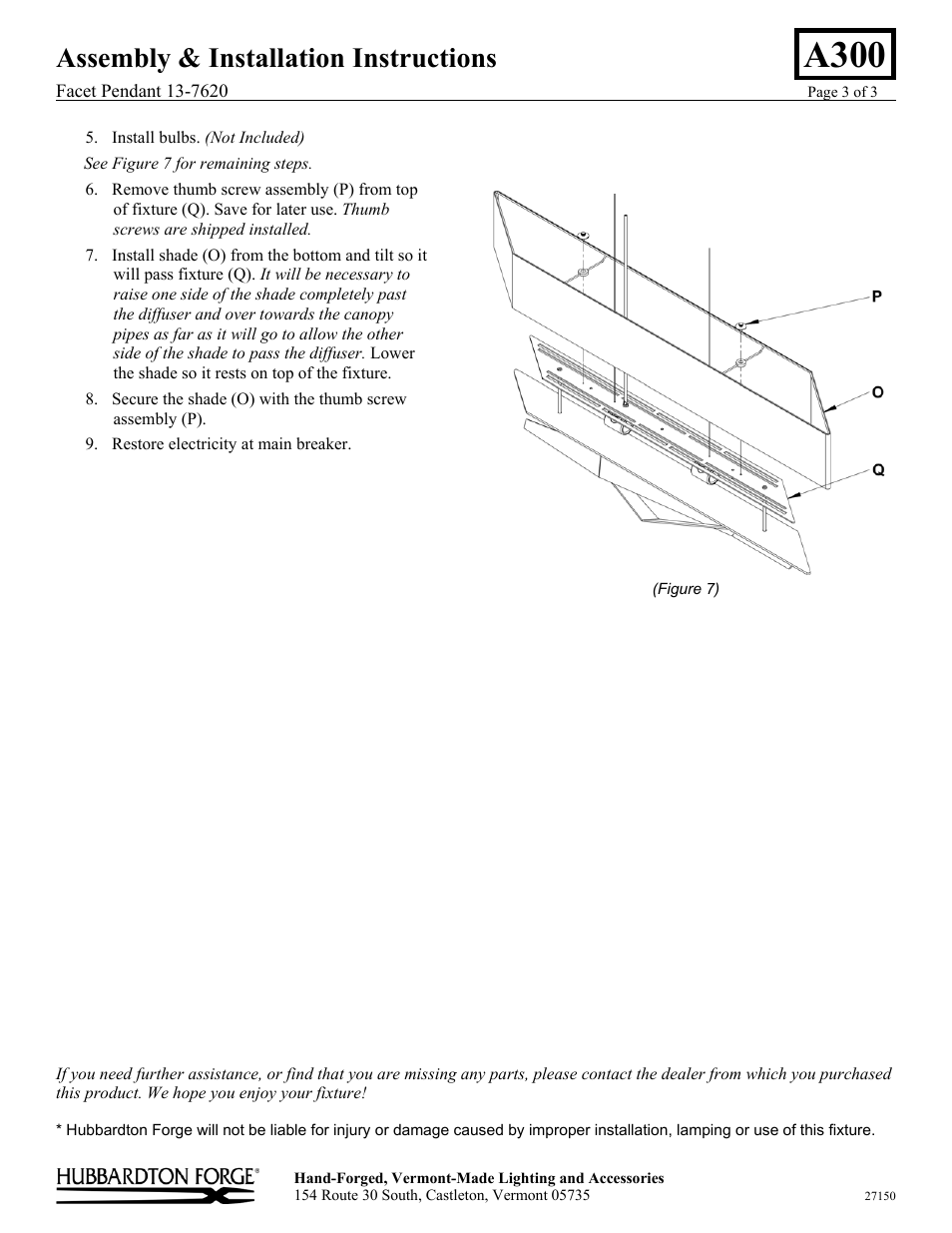 A300, Assembly & installation instructions | Hubbardton Forge 137620 User Manual | Page 3 / 3
