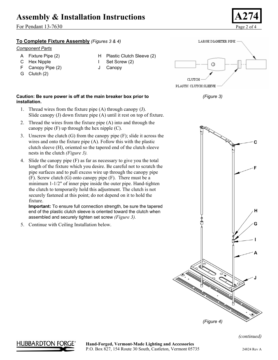 A274, Assembly & installation instructions | Hubbardton Forge 137630 User Manual | Page 2 / 4