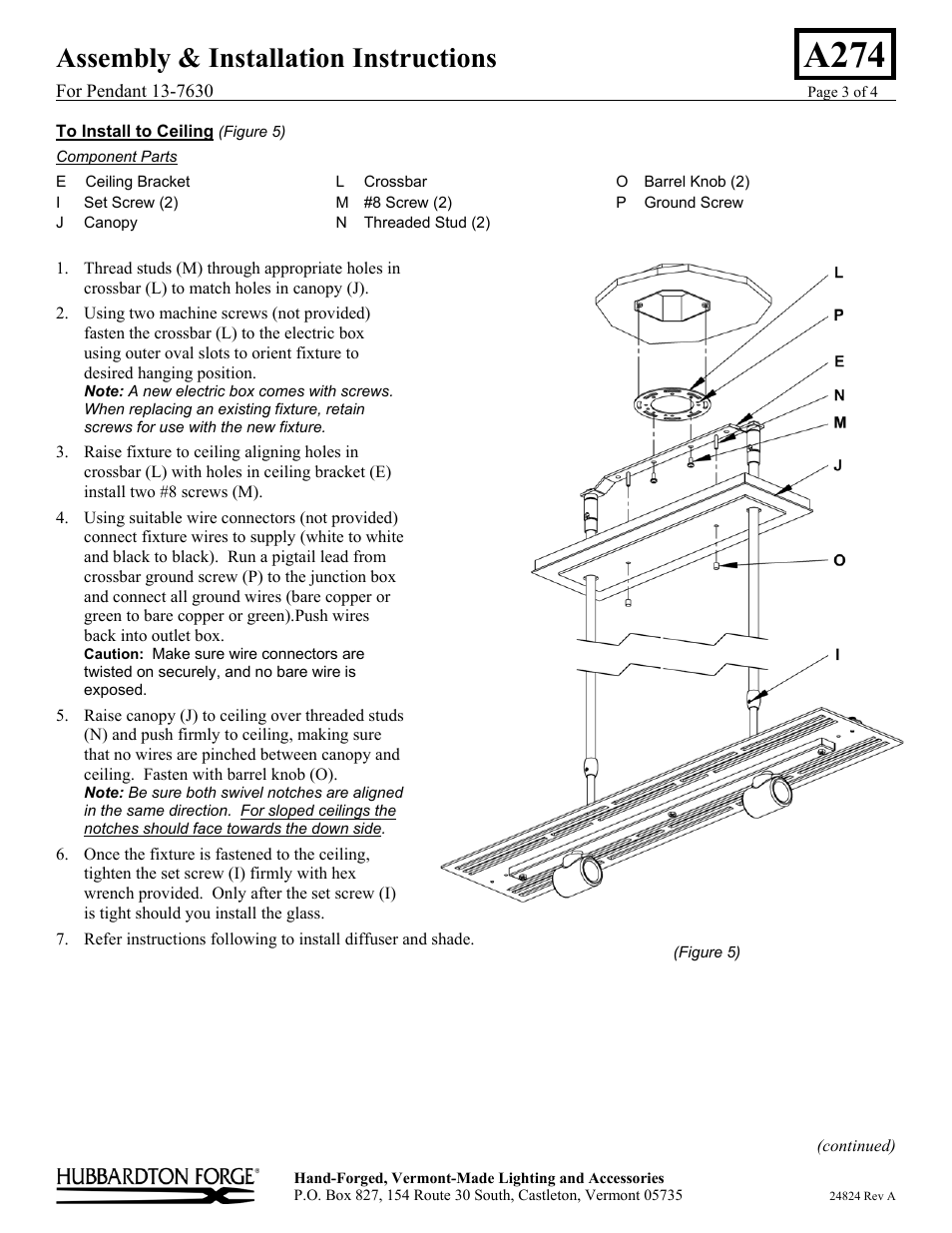 A274, Assembly & installation instructions | Hubbardton Forge 137630 User Manual | Page 3 / 4