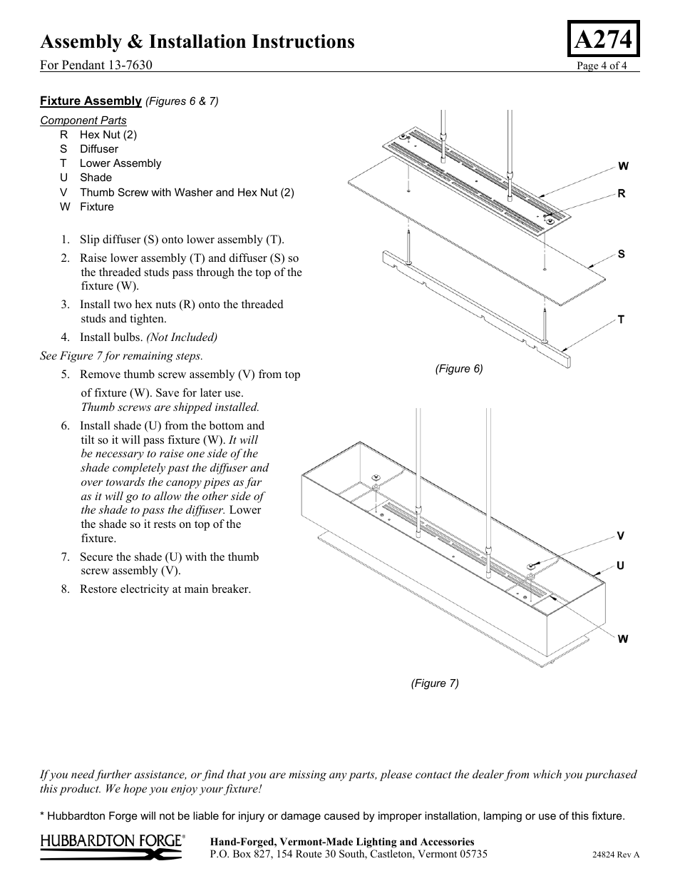 A274, Assembly & installation instructions | Hubbardton Forge 137630 User Manual | Page 4 / 4