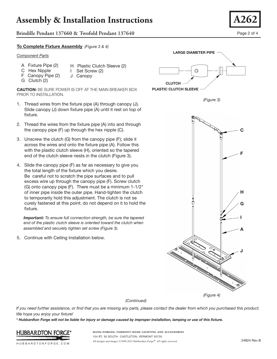 A262, Assembly & installation instructions | Hubbardton Forge 137660 User Manual | Page 2 / 4