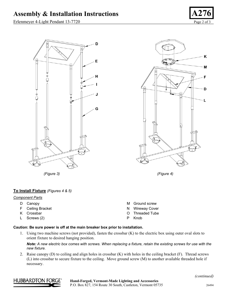 A276, Assembly & installation instructions | Hubbardton Forge 137720 User Manual | Page 2 / 3