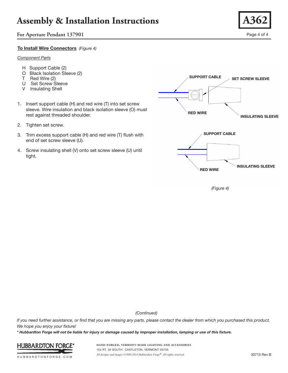 A362, Assembly & installation instructions | Hubbardton Forge 137901 User Manual | Page 4 / 4