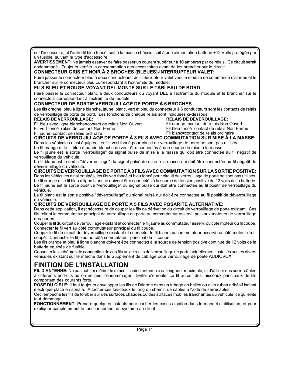 Finition de l'installation | Audiovox APS-35-CL User Manual | Page 11 / 19