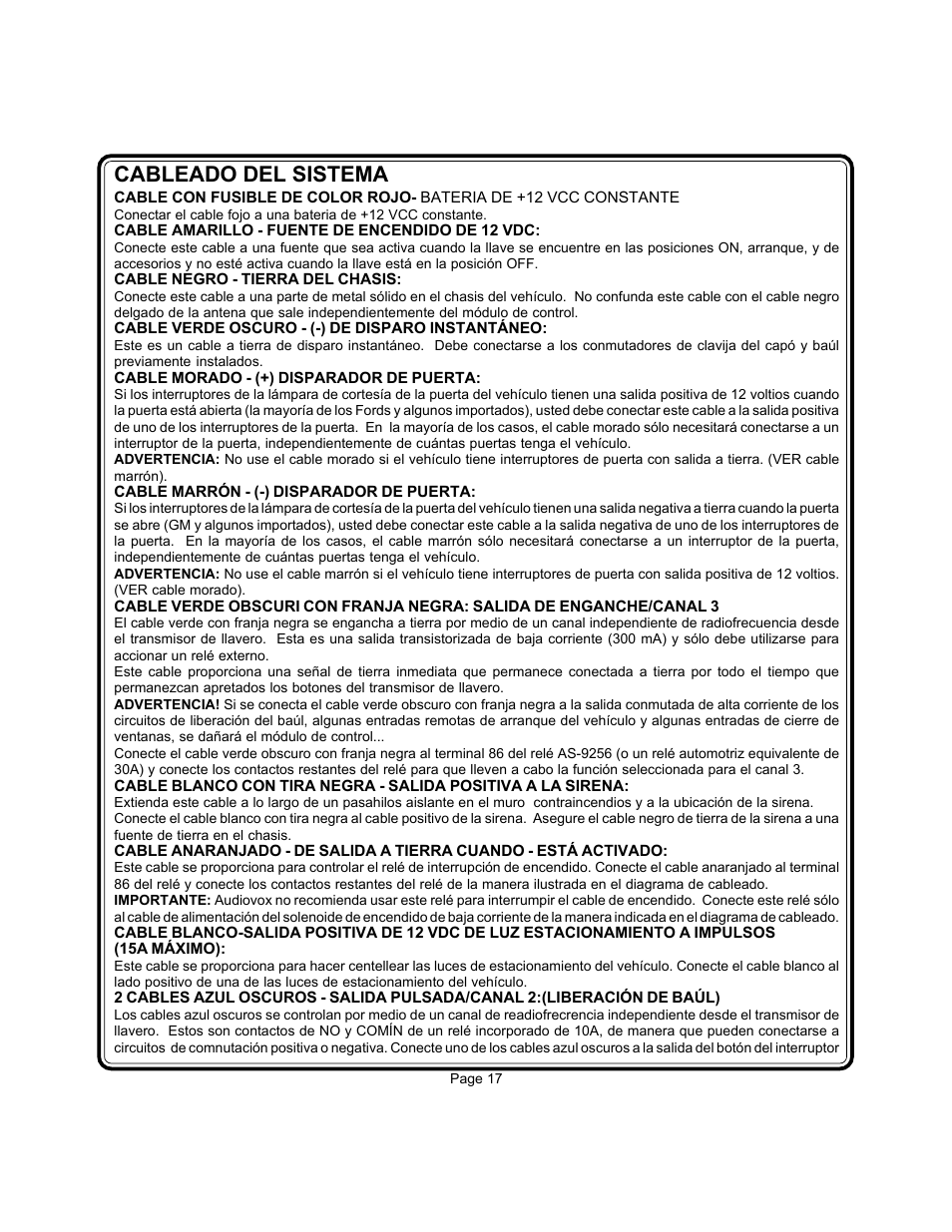 Cableado del sistema | Audiovox APS-35-CL User Manual | Page 16 / 19