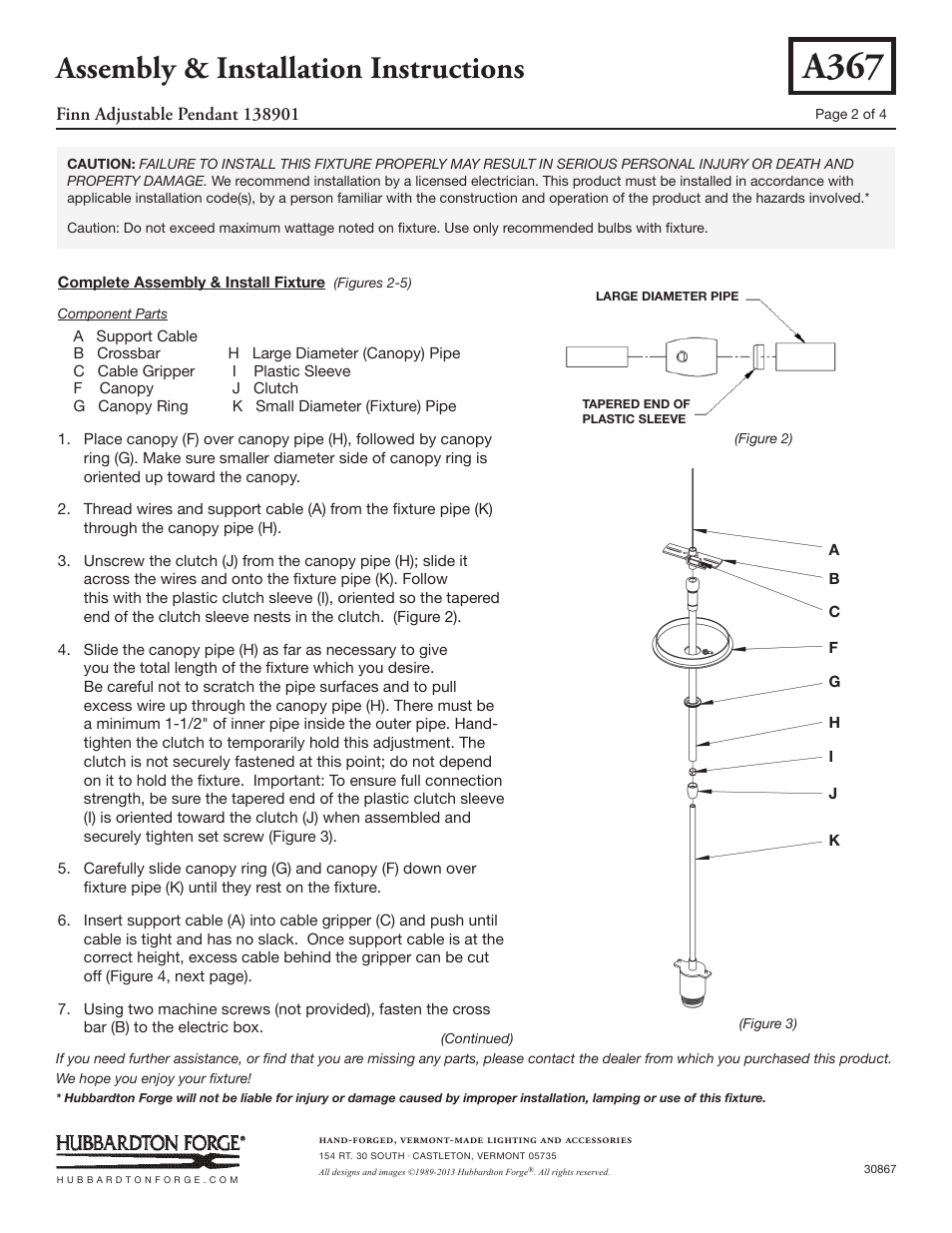 A367, Assembly & installation instructions | Hubbardton Forge 138901 User Manual | Page 2 / 4