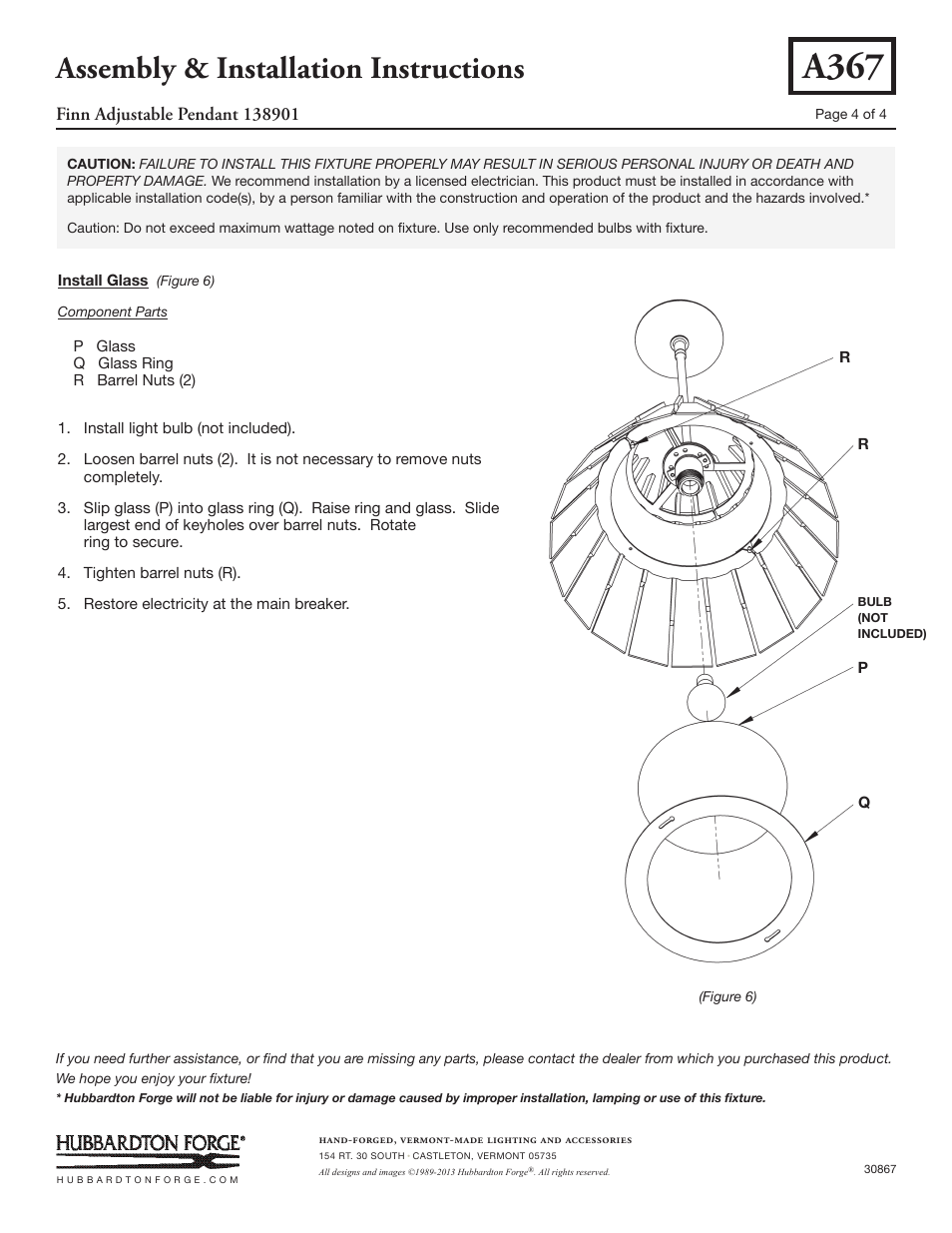 A367, Assembly & installation instructions | Hubbardton Forge 138901 User Manual | Page 4 / 4