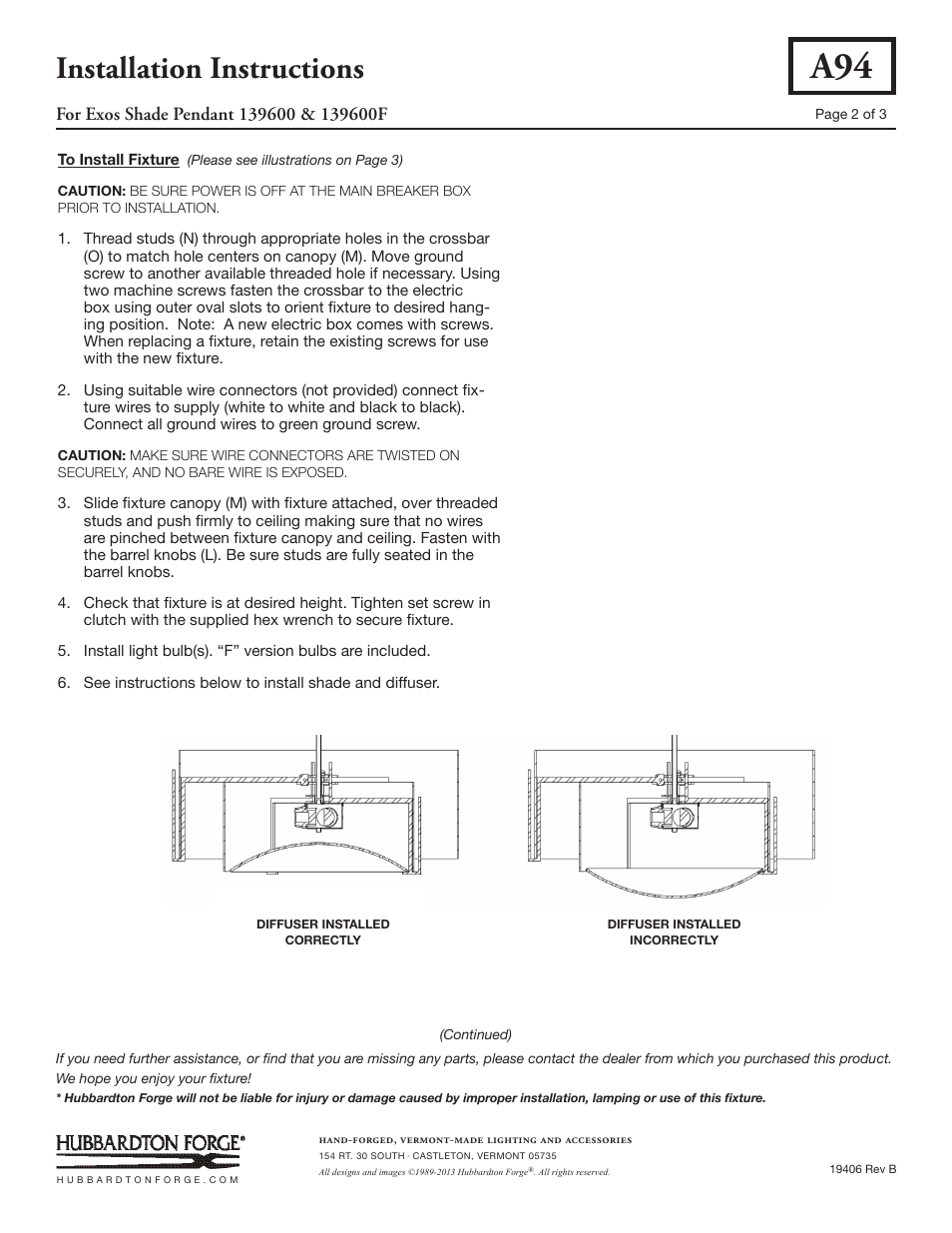 Installation instructions | Hubbardton Forge 139600 User Manual | Page 2 / 3