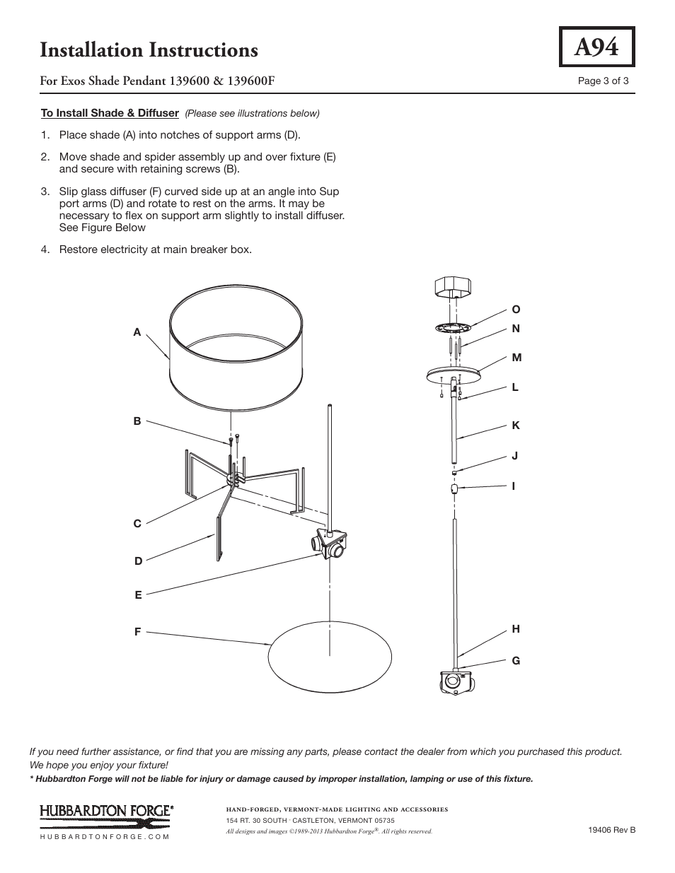 Installation instructions | Hubbardton Forge 139600 User Manual | Page 3 / 3