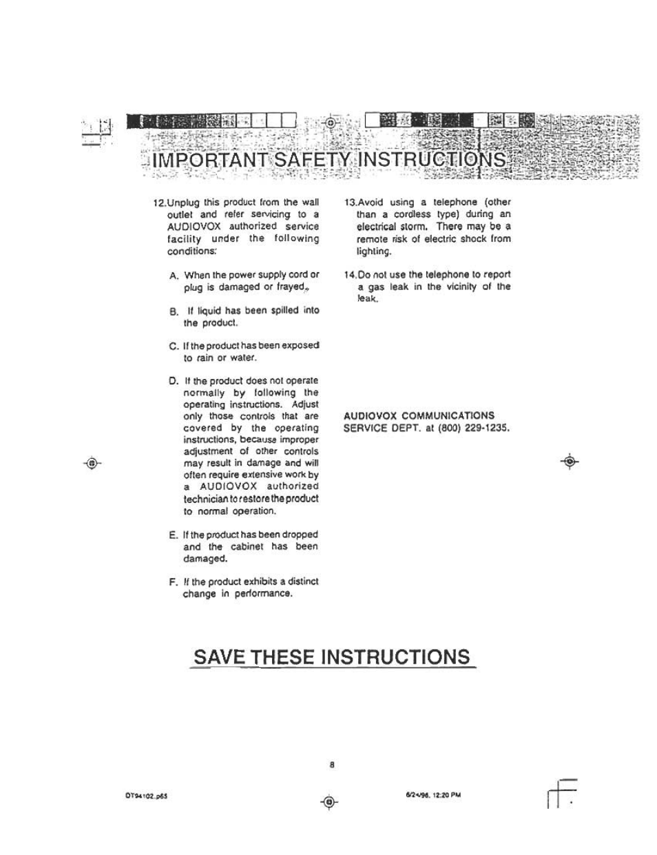 Im во rtanbsafetiyiinstr u©3il, Save these instructions | Audiovox DT 941 CI User Manual | Page 10 / 48
