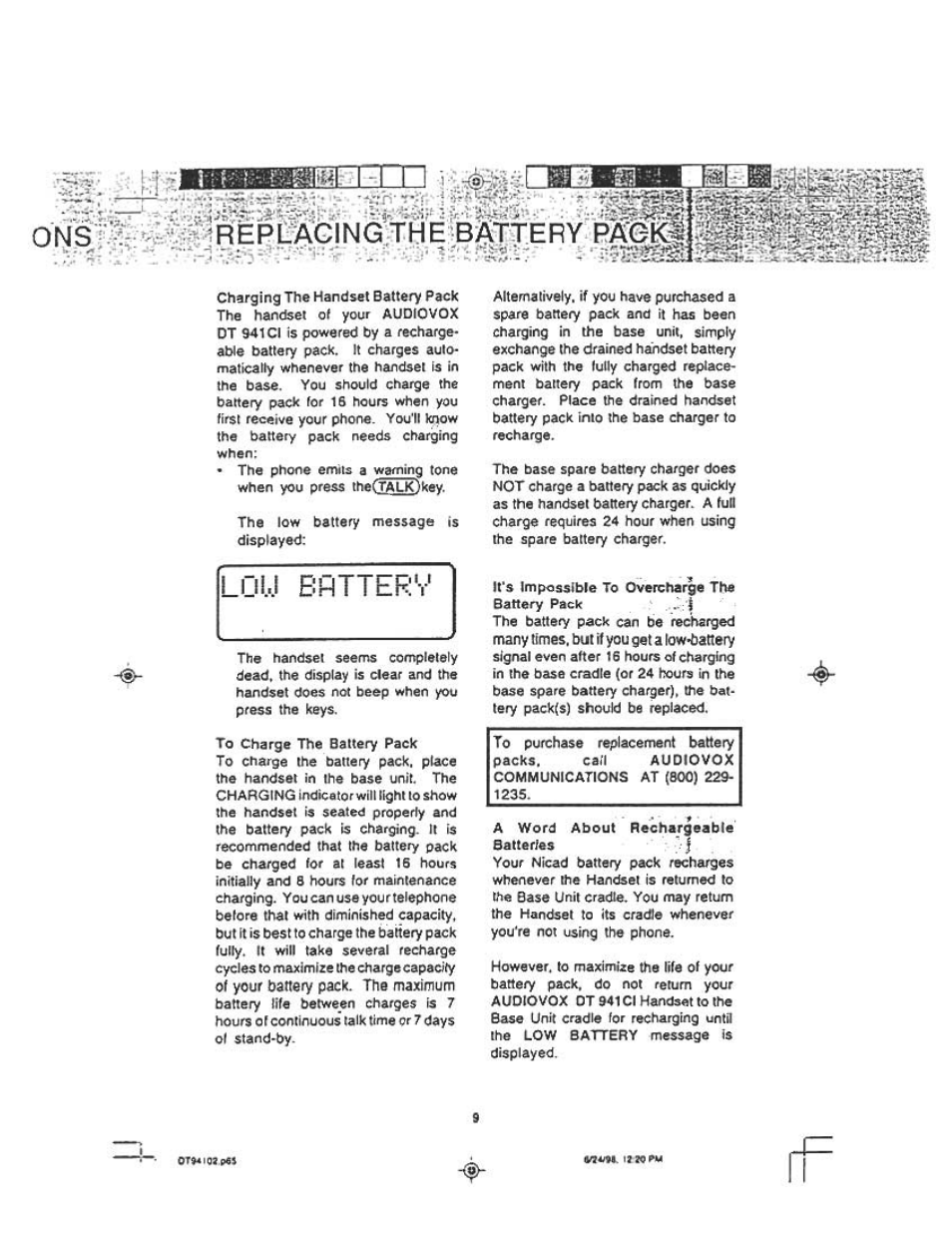 0 n s i.te^sïirepc^aging th e battery- pagkt, Lou bptterv, Г ^i'^1 | Audiovox DT 941 CI User Manual | Page 11 / 48