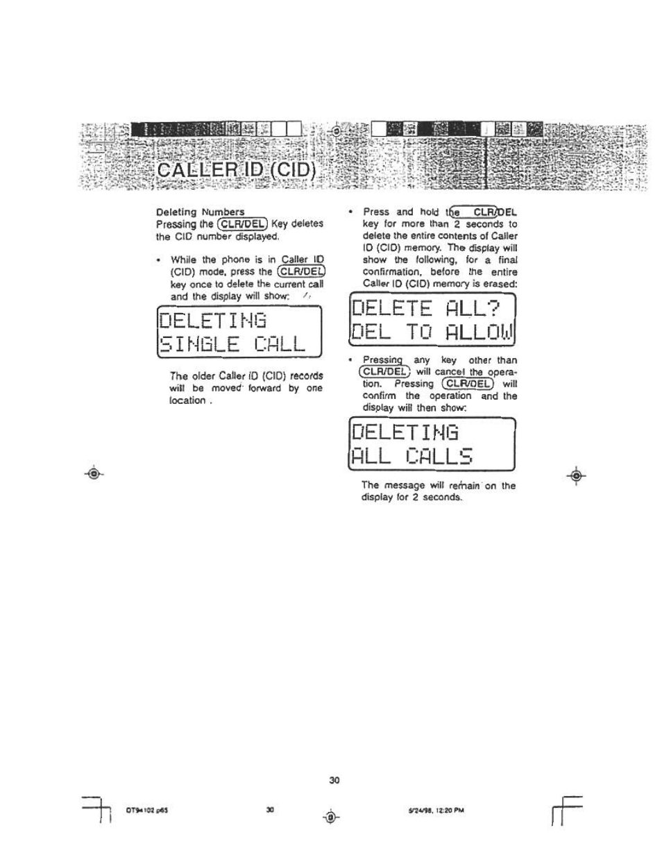 Deleting hll calls, Deletih6 single crll, Delete all? del to fillow | Audiovox DT 941 CI User Manual | Page 32 / 48