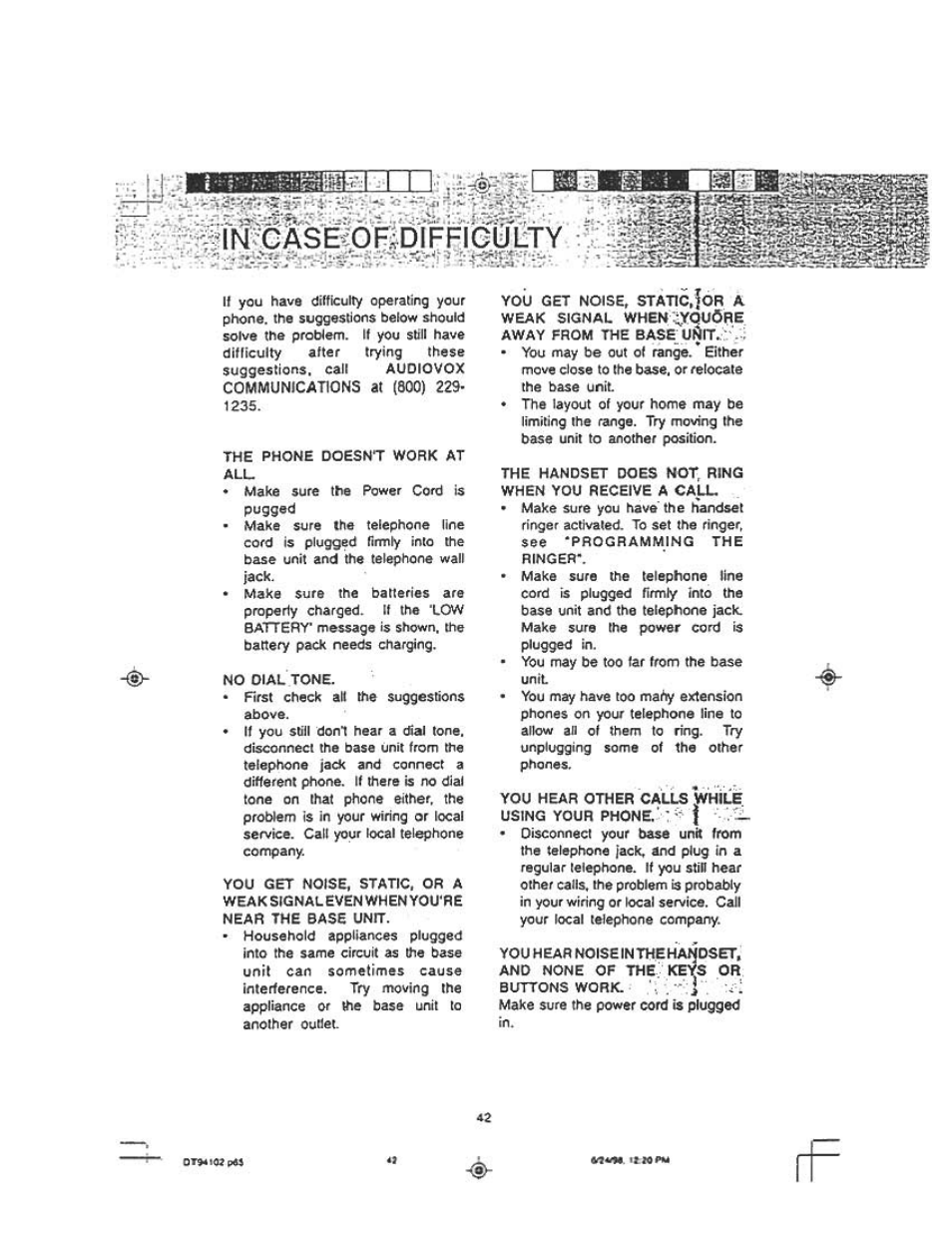 V^iiriicase^fidiffigulty, Г;:?» i | Audiovox DT 941 CI User Manual | Page 44 / 48