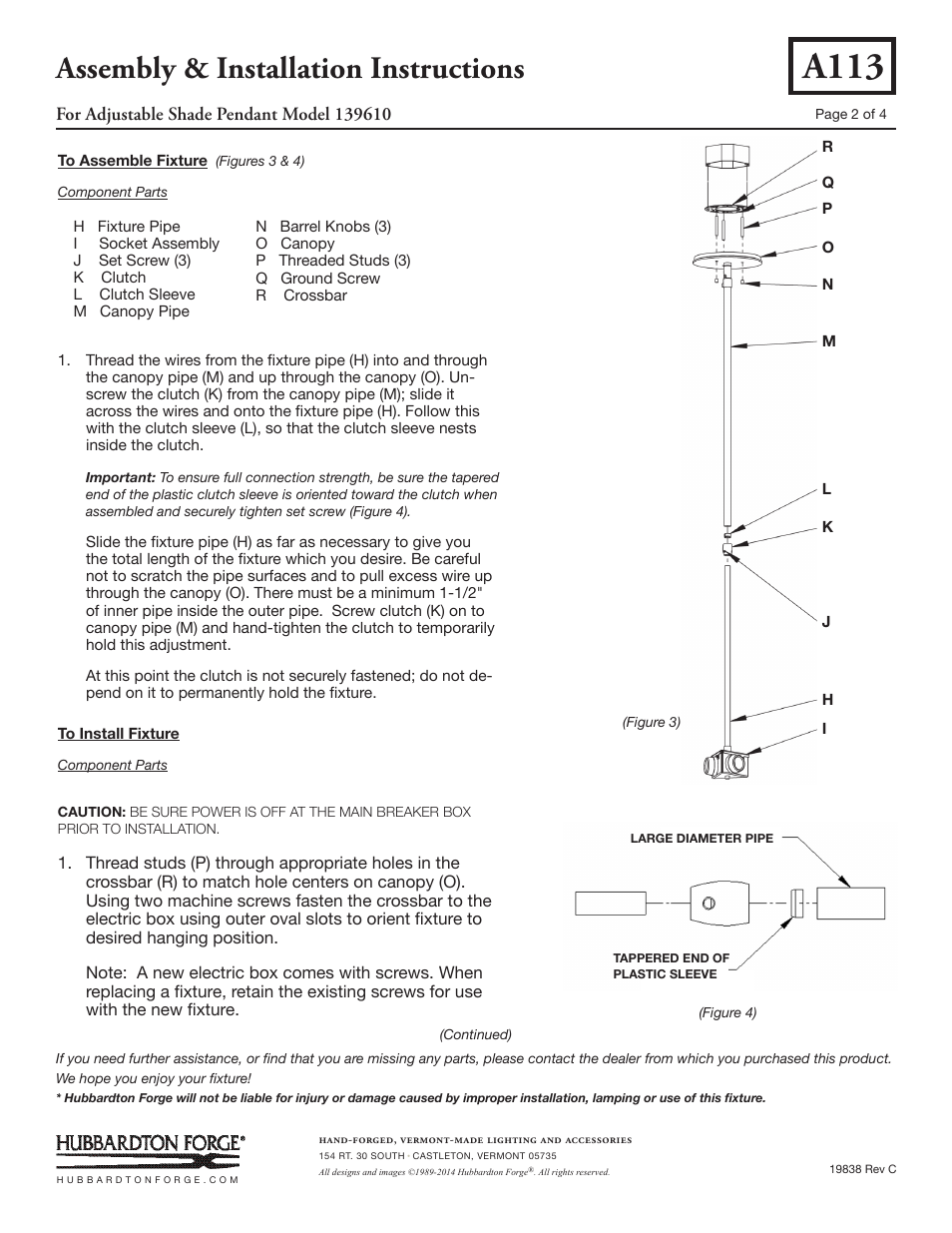 A113, Assembly & installation instructions | Hubbardton Forge 139610 User Manual | Page 2 / 4