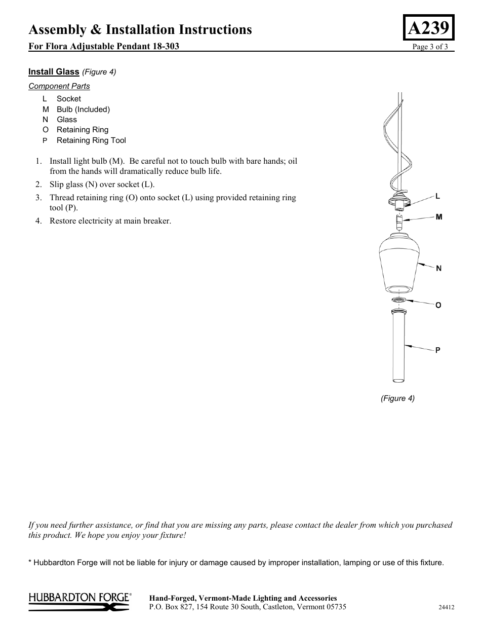 A239, Assembly & installation instructions | Hubbardton Forge 18303 User Manual | Page 3 / 3