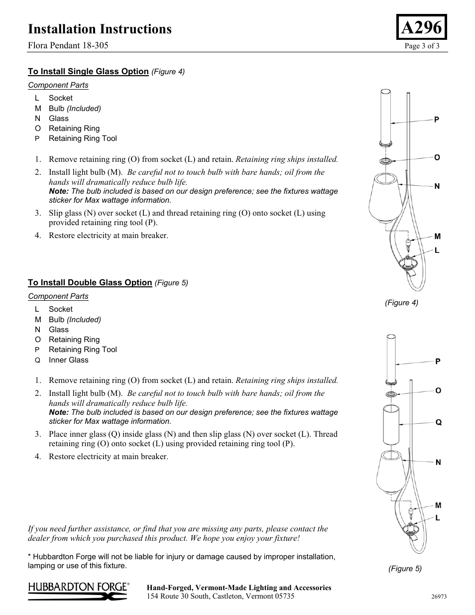 A296, Installation instructions | Hubbardton Forge 18305 User Manual | Page 3 / 3