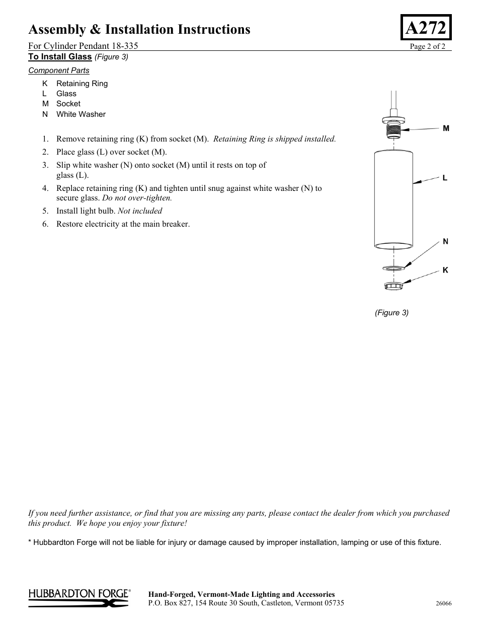 A272, Assembly & installation instructions | Hubbardton Forge 18335 User Manual | Page 2 / 2