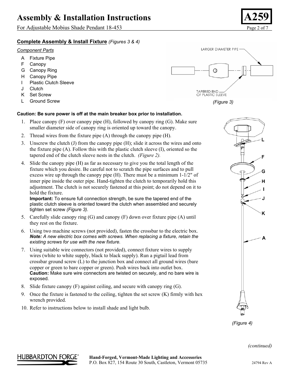 A259, Assembly & installation instructions | Hubbardton Forge 18453 User Manual | Page 2 / 7