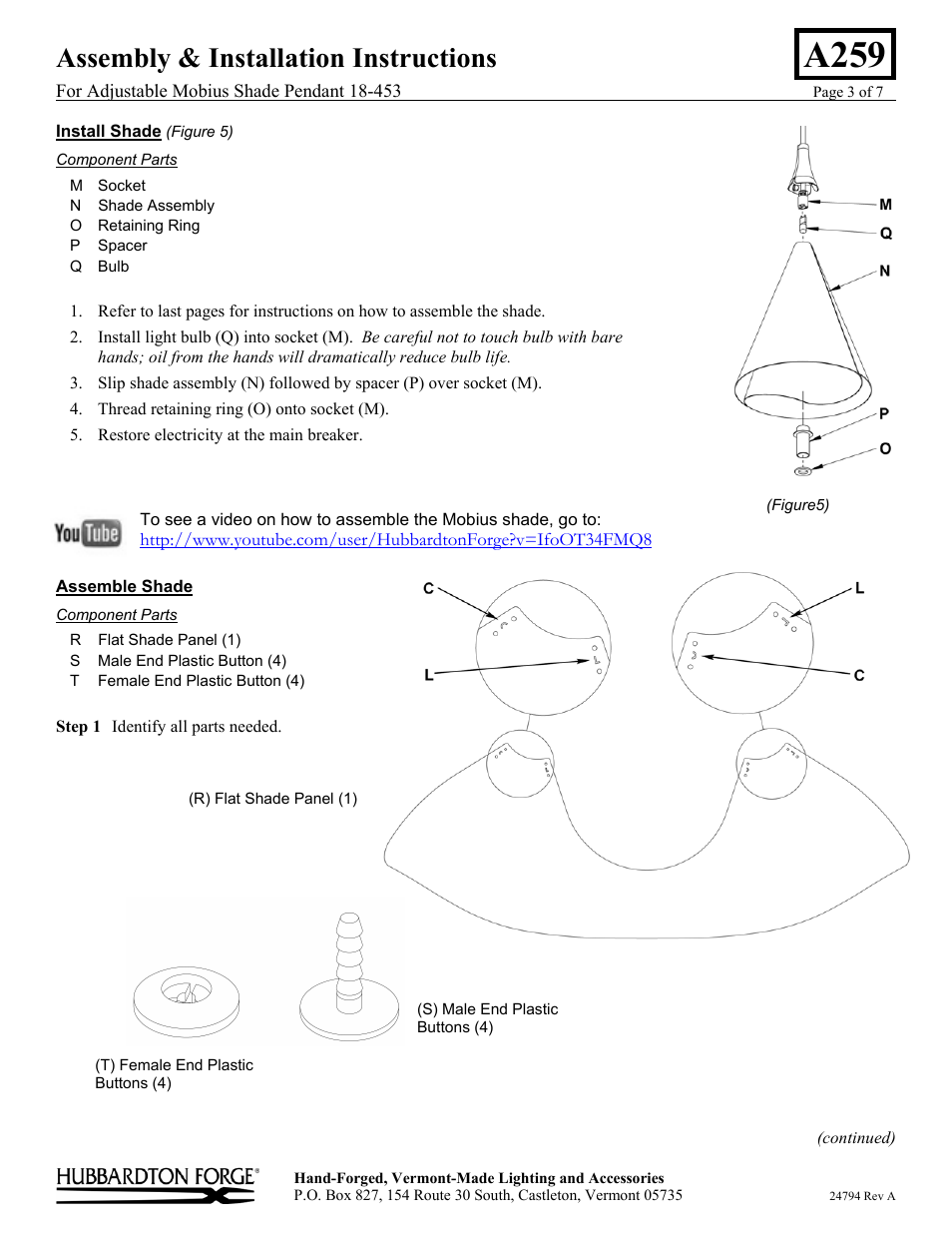 A259, Assembly & installation instructions | Hubbardton Forge 18453 User Manual | Page 3 / 7