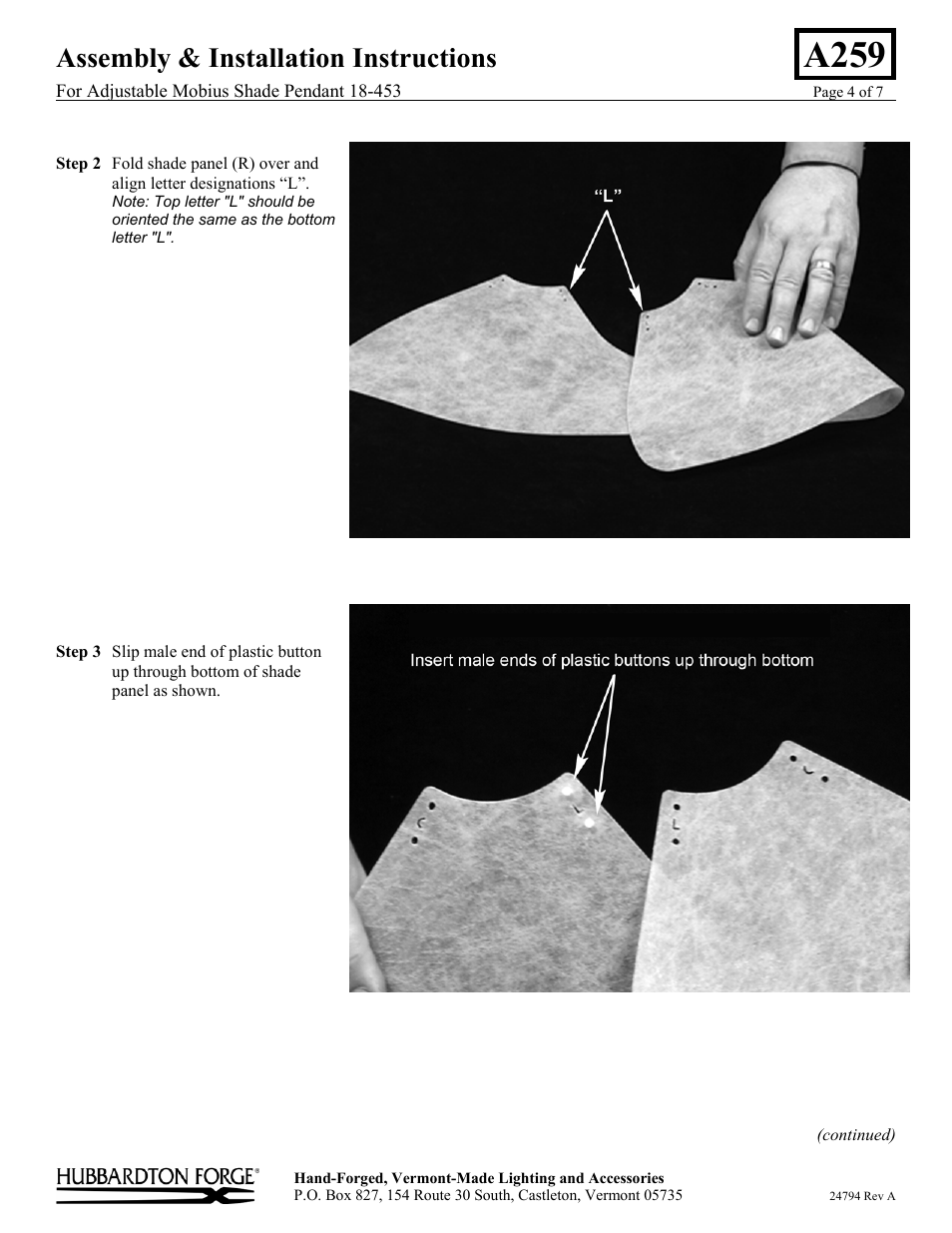 A259, Assembly & installation instructions | Hubbardton Forge 18453 User Manual | Page 4 / 7