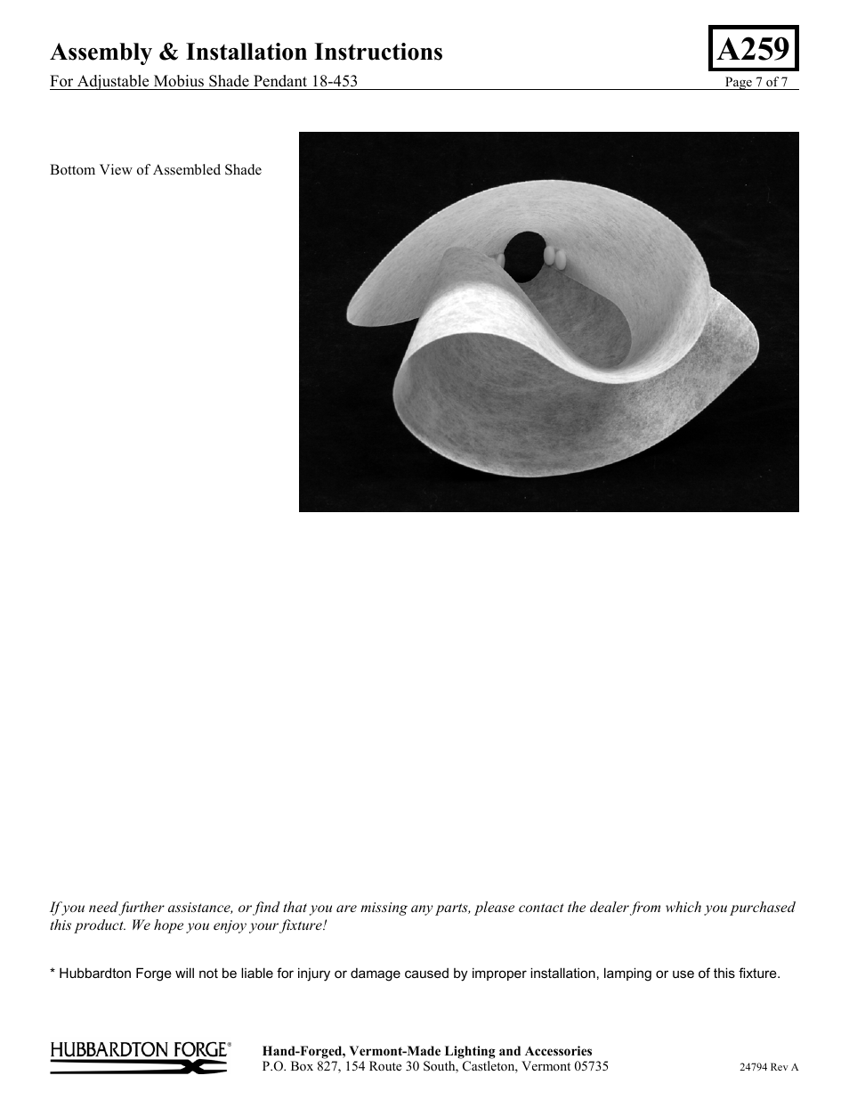 A259, Assembly & installation instructions | Hubbardton Forge 18453 User Manual | Page 7 / 7