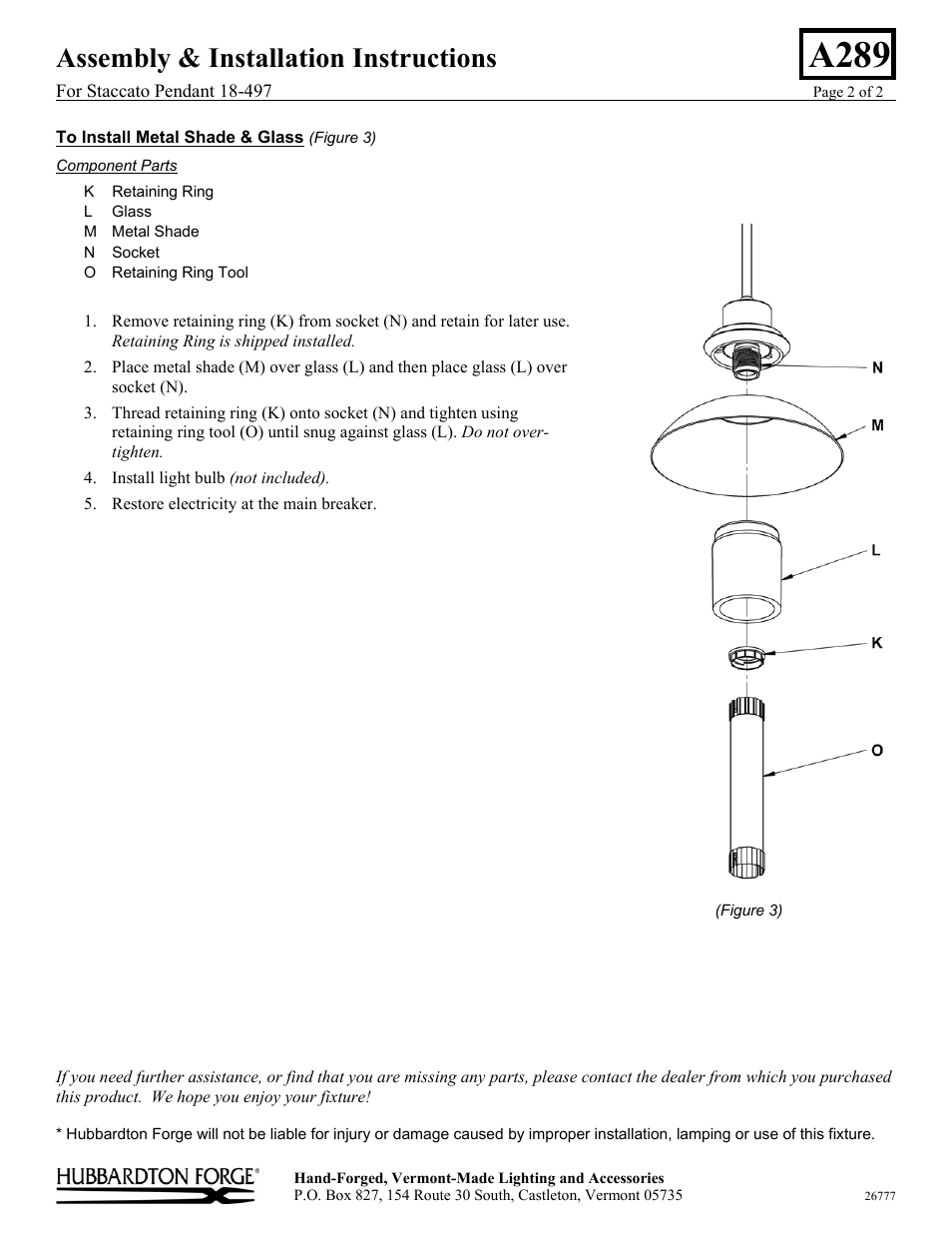 A289, Assembly & installation instructions | Hubbardton Forge 18497 User Manual | Page 2 / 2