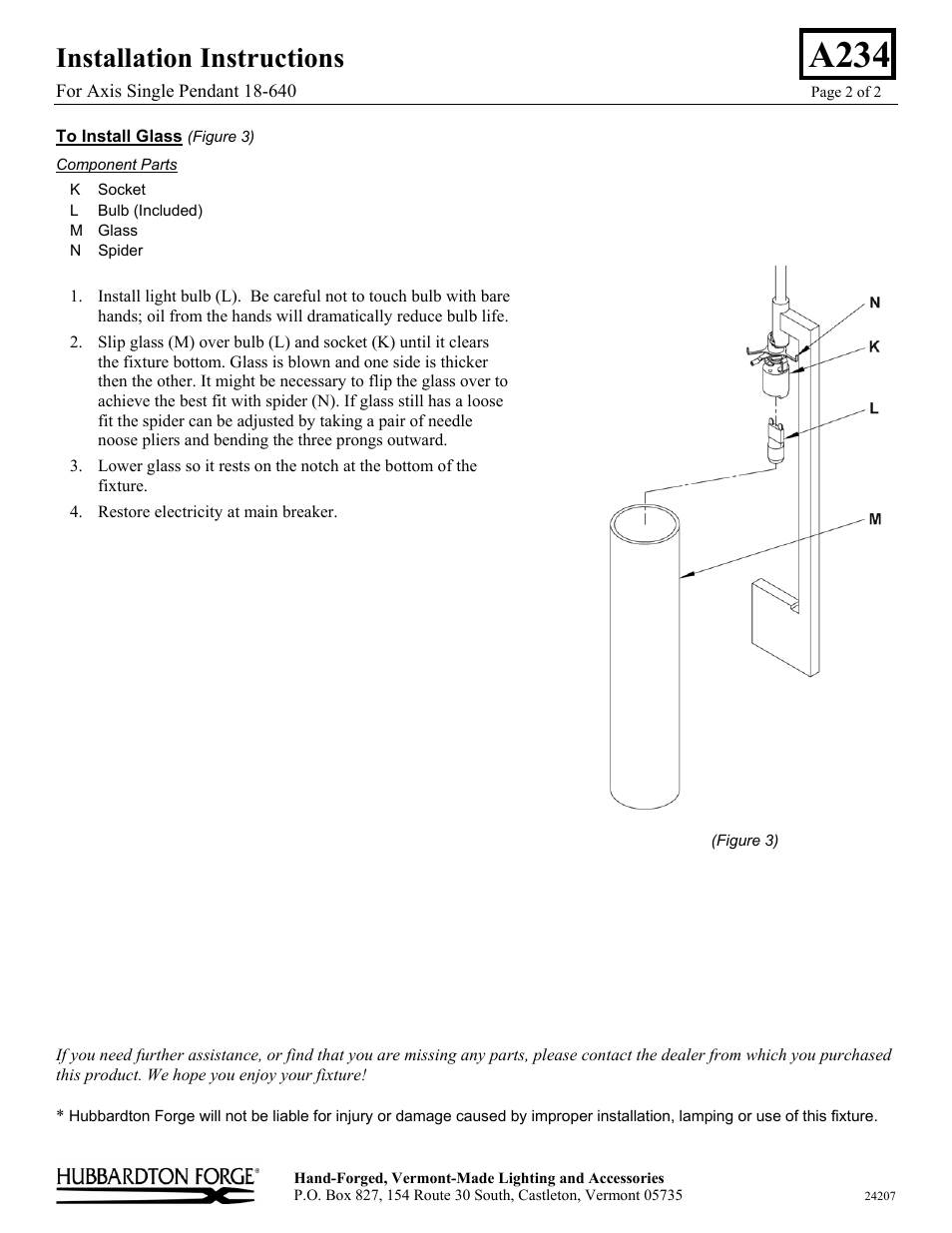 A234, Installation instructions | Hubbardton Forge 18640 User Manual | Page 2 / 2