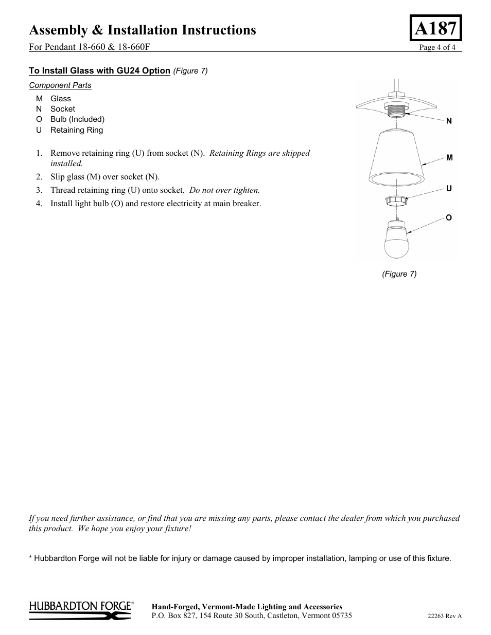 A187, Assembly & installation instructions | Hubbardton Forge 18660 User Manual | Page 4 / 4