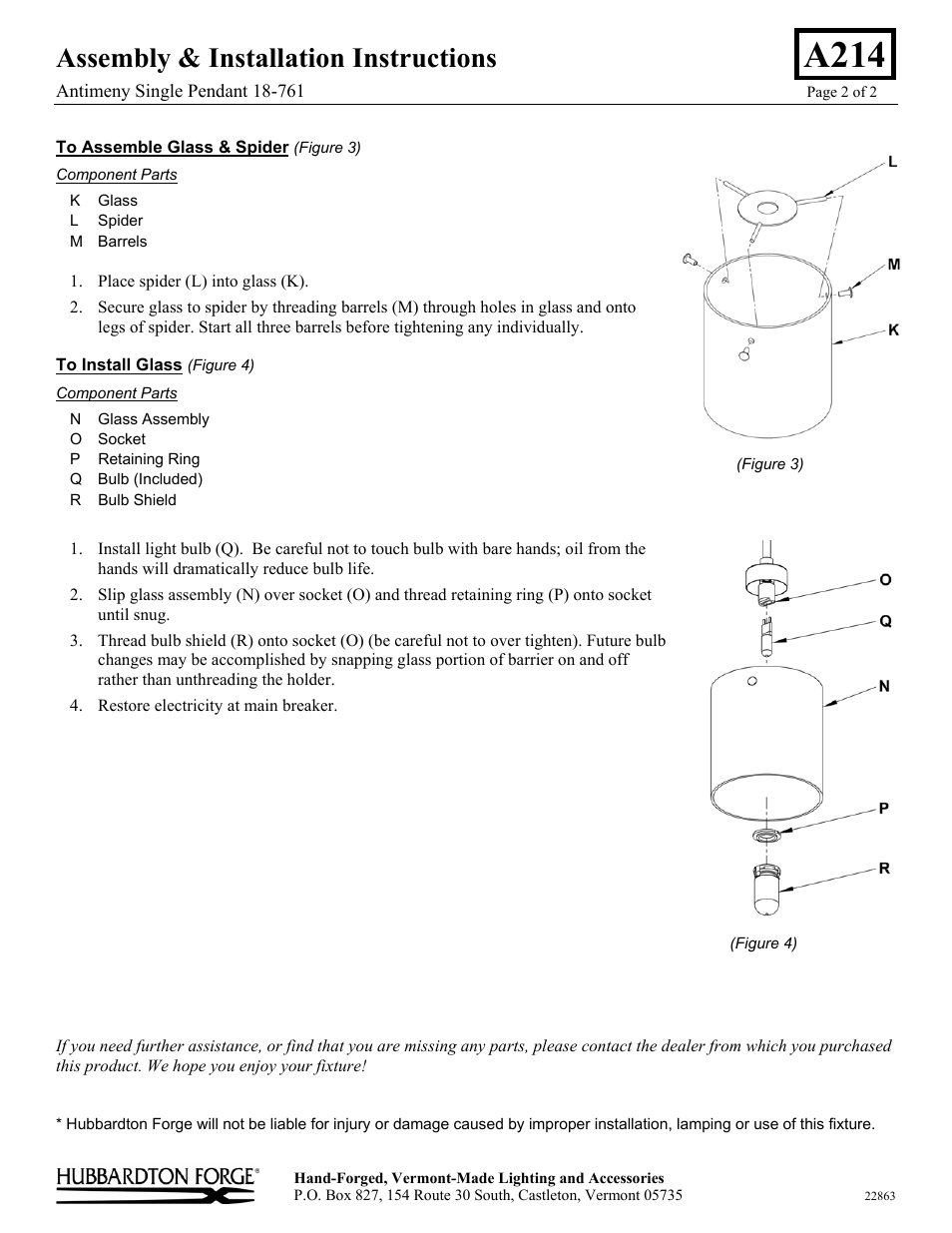 A214, Assembly & installation instructions | Hubbardton Forge 18761 User Manual | Page 2 / 2